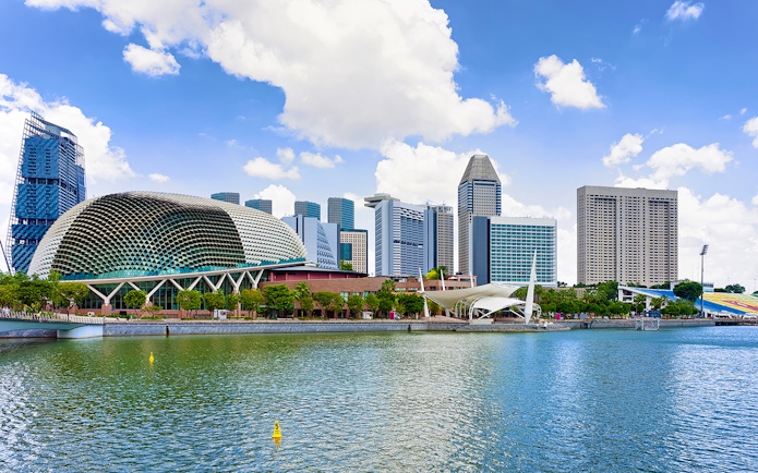 Esplanade Theaters and skyline viewed from Marina Bay, Singapore DUCKtours.