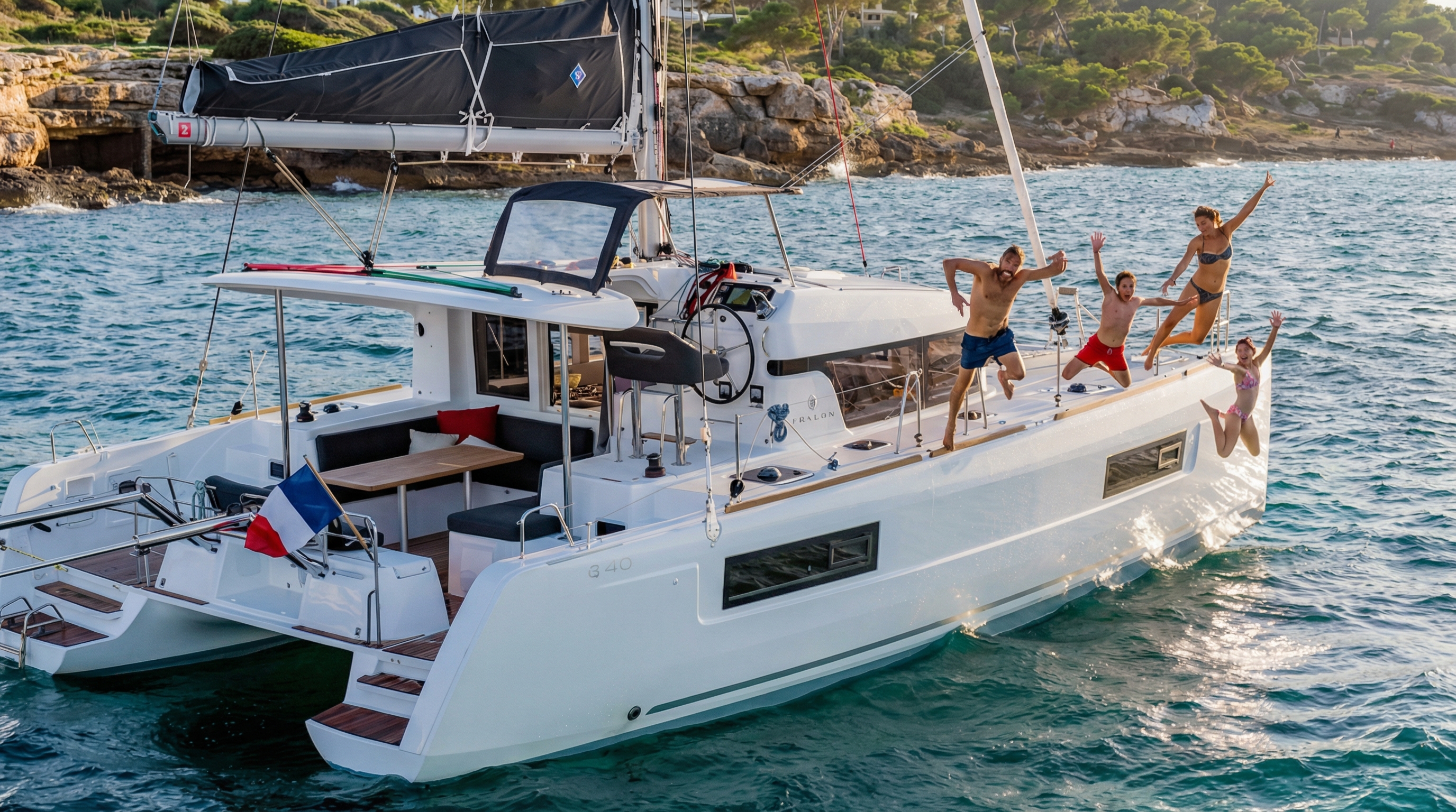 Group enjoying a catamaran tour in La Maddalena, jumping into the sea.