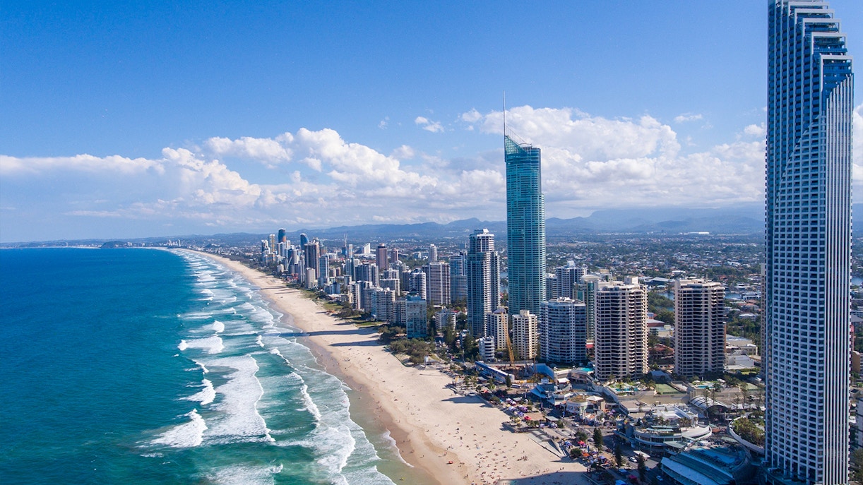 Surfers Paradise skyline with beach and ocean view, Gold Coast, Australia.