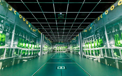 Heineken Experience interactive exhibit with green bottles on display in Amsterdam.