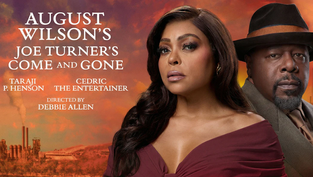Poster for "Joe Turner's Come and Gone" Broadway show featuring two actors against a sunset backdrop.