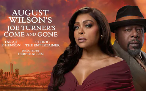 Poster for "Joe Turner's Come and Gone" Broadway show featuring two actors against a sunset backdrop.