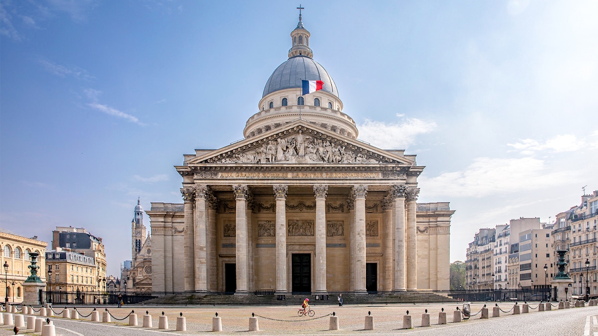 Pantheon Paris exterior with neoclassical columns and dome, showcasing historic architecture.
