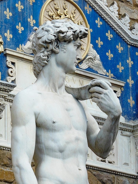 Statue of David at Palazzo Vecchio, Florence, with decorative lions in the background.