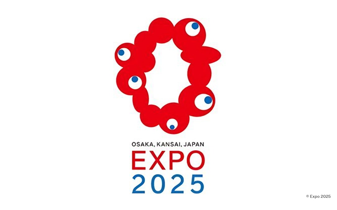 Logo of Osaka Expo 2025 featuring red circular shapes with blue and white accents.