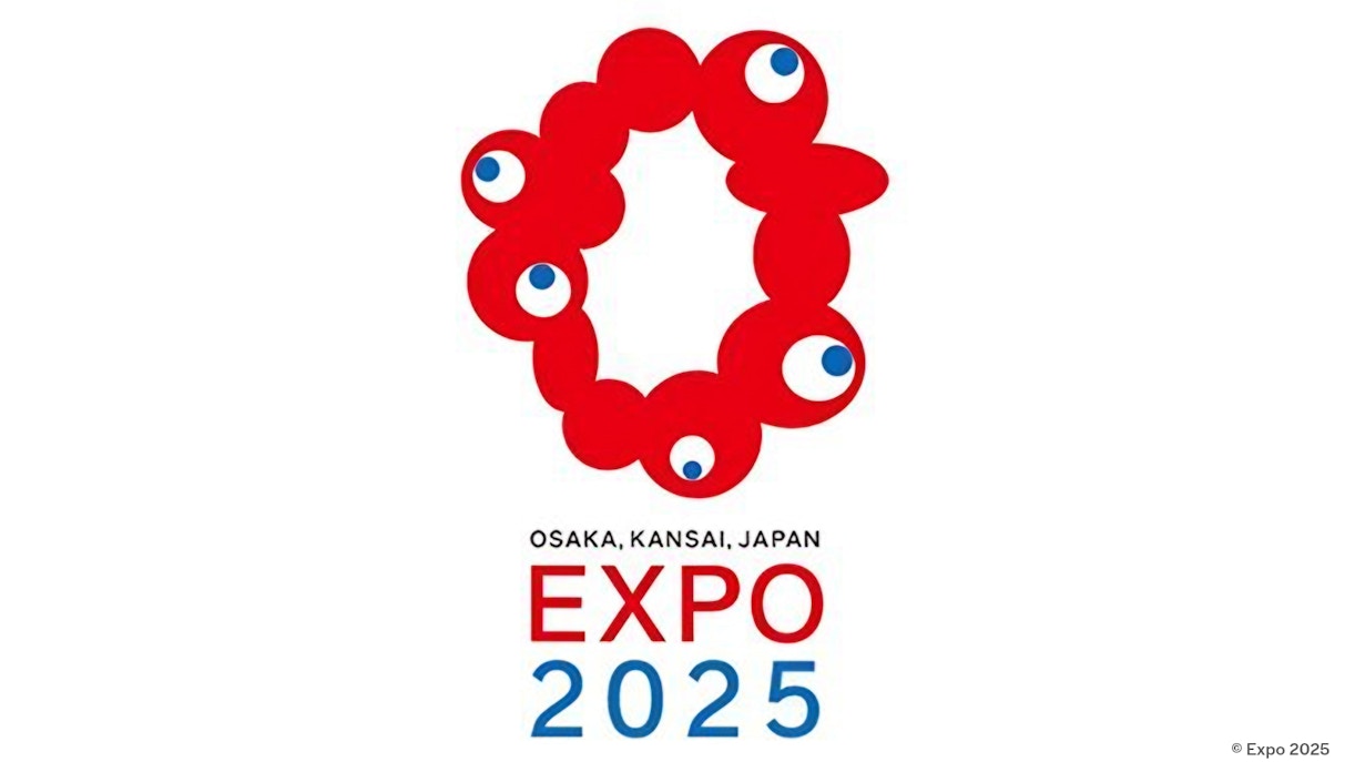 Logo of Osaka Expo 2025 featuring red circular shapes with blue and white accents.