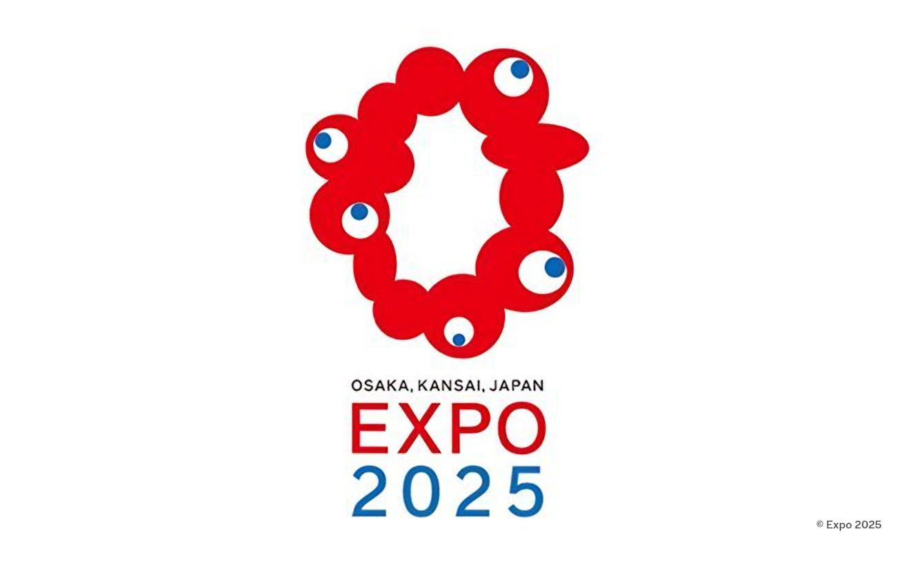 Logo of Osaka Expo 2025 featuring red circular shapes with blue and white accents.