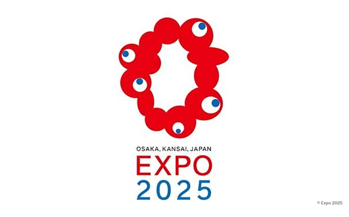 Logo of Osaka Expo 2025 featuring red circular shapes with blue and white accents.