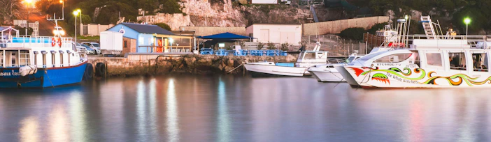 Boats docked at New Harbour Hermanus with hillside buildings in the background.