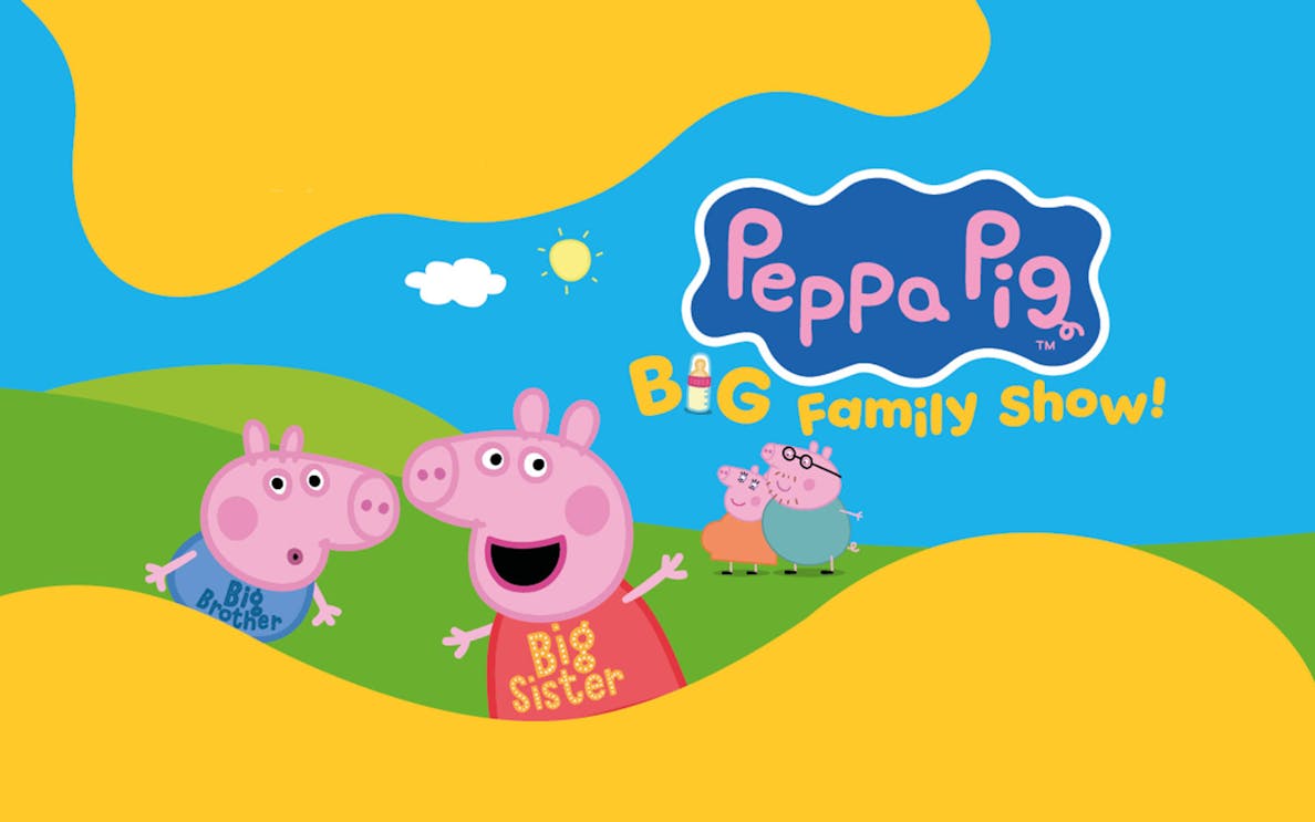Peppa Pig's Big Family Show stage with colorful characters in London theater.