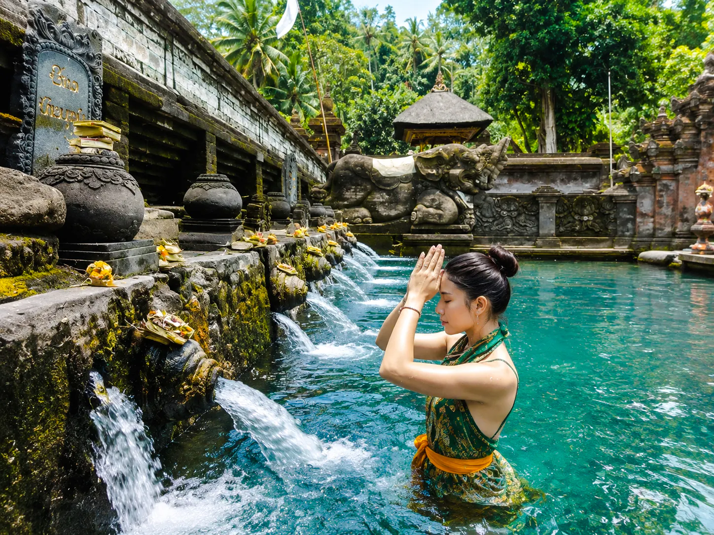 Woman performing ritual at Tirta Empul Temple's holy spring, Ubud, Bali.