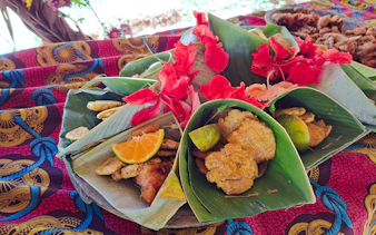 Traditional Panamanian food wrapped in banana leaves with tropical fruits, Monke Island & Emberá Community tour.