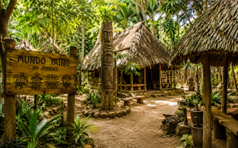 Taino village with thatched huts and carved wooden totem in Punta Cana, part of Higüey City Tour.