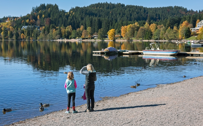 Woman and child observing ducks at Lake Titisee, Germany, with boats and forested hills in the background.