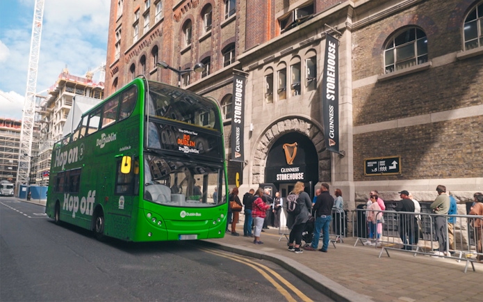 Hop-on hop-off bus outside Guinness Storehouse, Dublin.