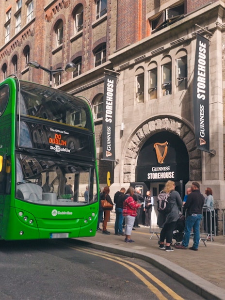 Hop-on hop-off bus outside Guinness Storehouse, Dublin.