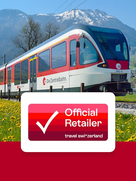 Train traveling through Swiss countryside with mountains in the background, promoting Interrail Switzerland Mobile Pass.