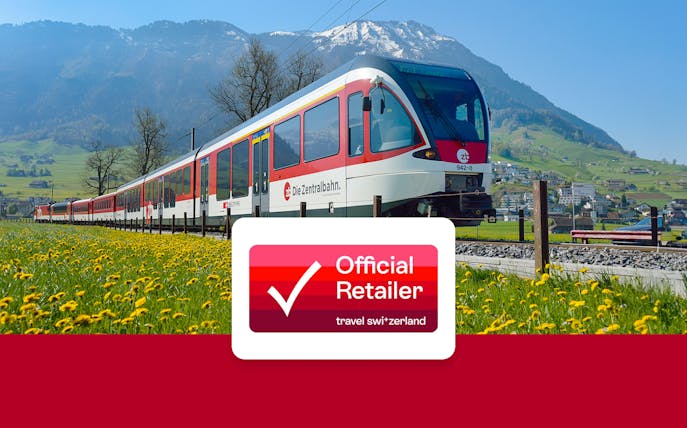 Train traveling through Swiss countryside with mountains in the background, promoting Interrail Switzerland Mobile Pass.