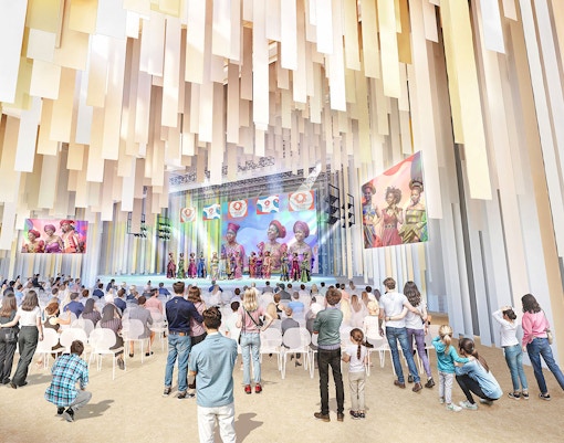 Crowd watching a cultural performance at Expo 2025 Osaka, Kansai, Japan.