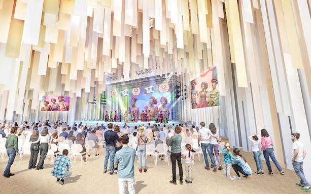 Crowd watching a cultural performance at Expo 2025 Osaka, Kansai, Japan.