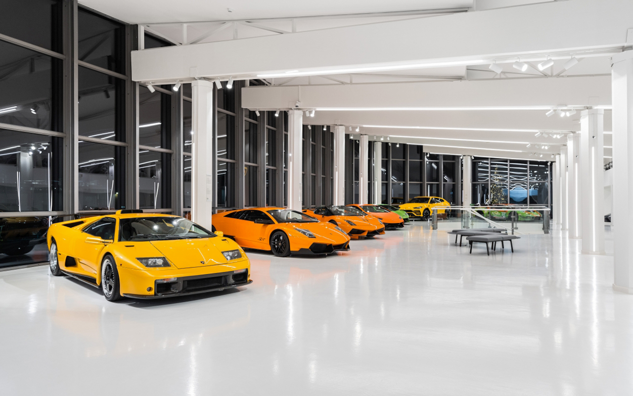 Lamborghini sports cars displayed at Ferruccio Lamborghini Museum in Bologna, Italy.