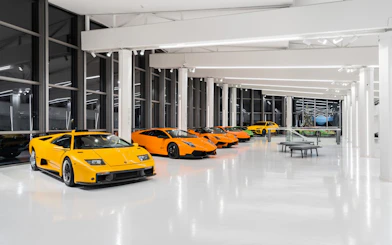 Lamborghini sports cars displayed at Ferruccio Lamborghini Museum in Bologna, Italy.