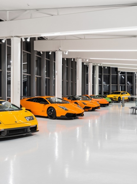 Lamborghini sports cars displayed at Ferruccio Lamborghini Museum in Bologna, Italy.