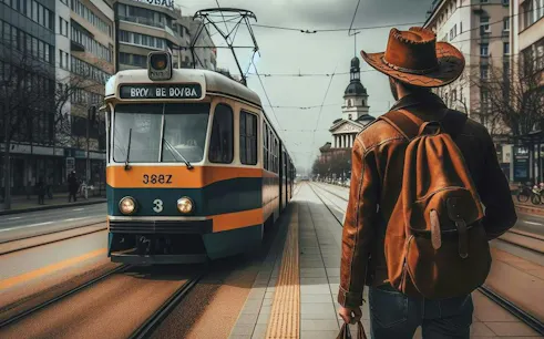 Traveler with backpack facing tram on Sofia street during city exploration game.