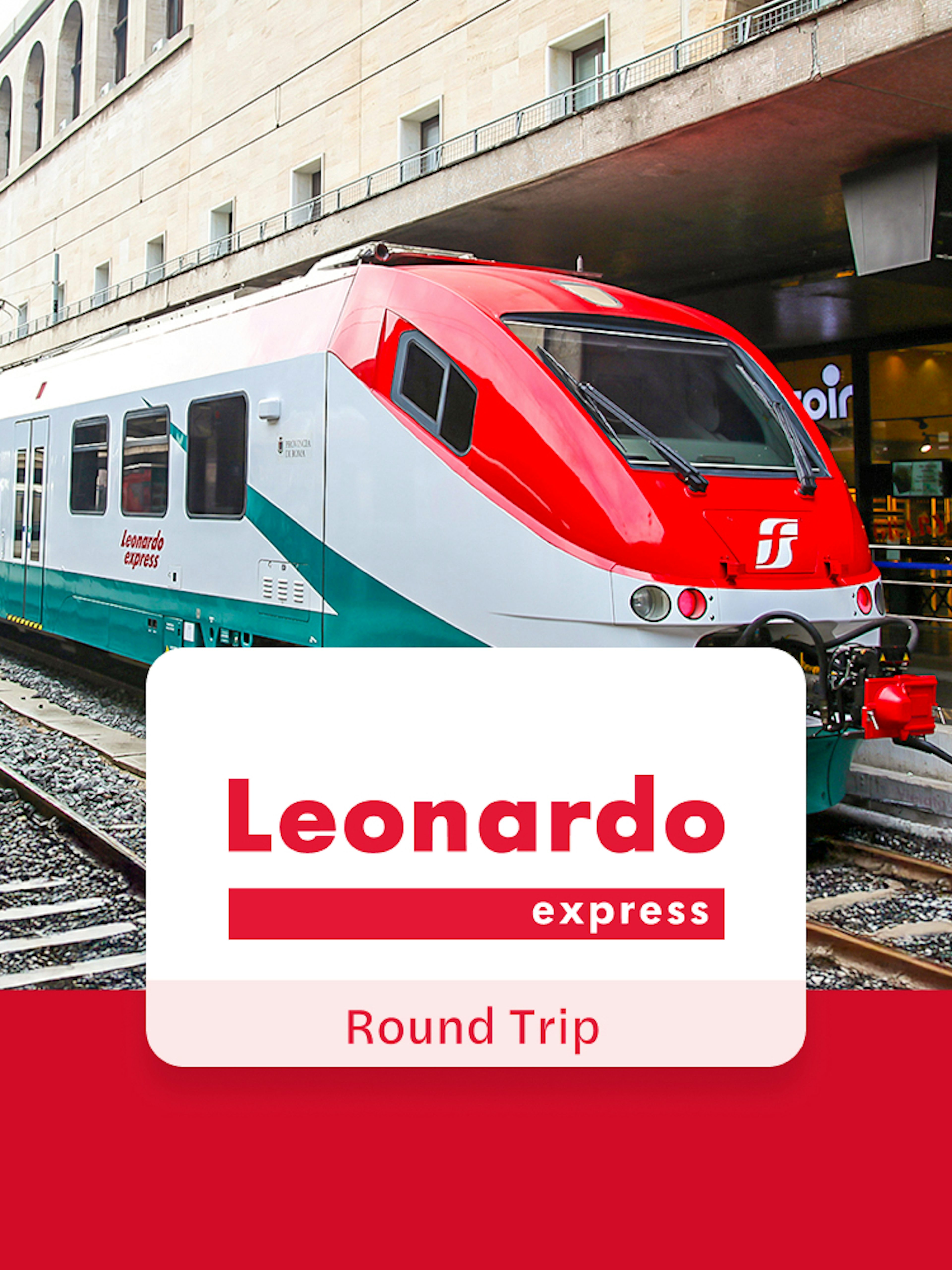 Leonardo Express train at Rome Termini Station platform for Fiumicino Airport transfer.