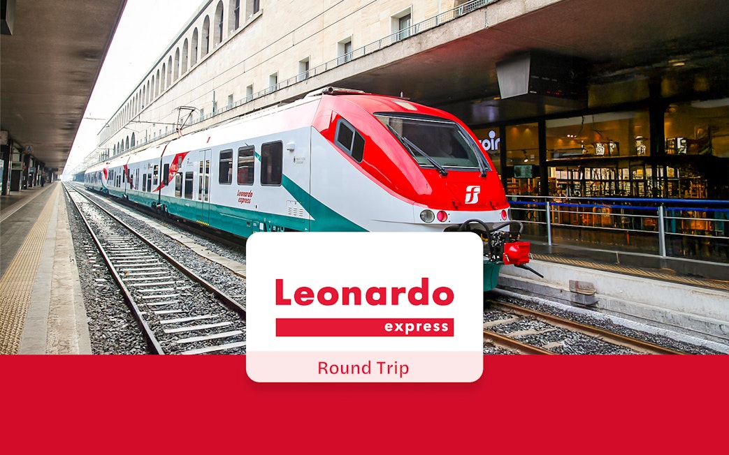 Leonardo Express train at Rome Termini Station platform for Fiumicino Airport transfer.