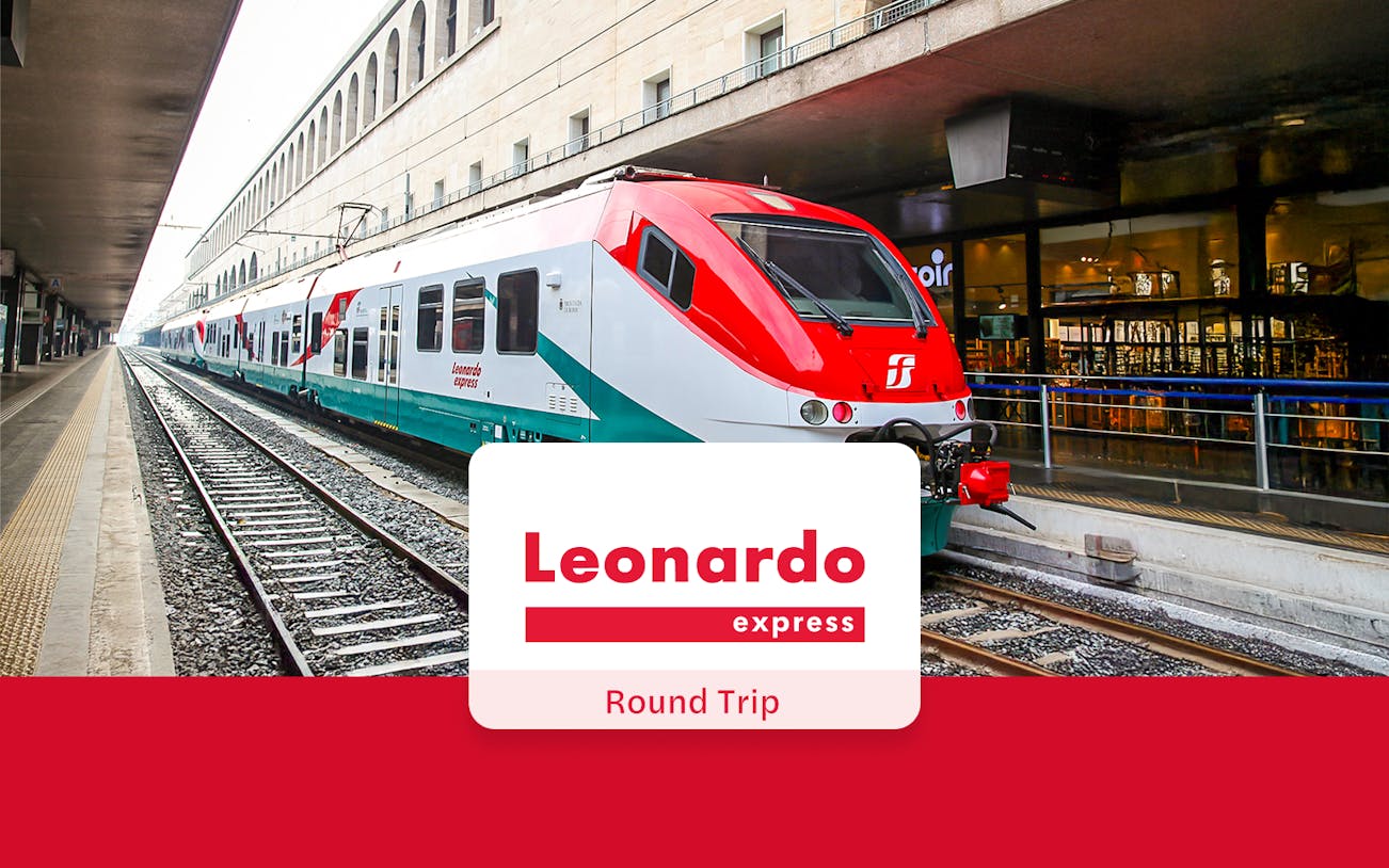 Leonardo Express train at Rome Termini Station platform for Fiumicino Airport transfer.