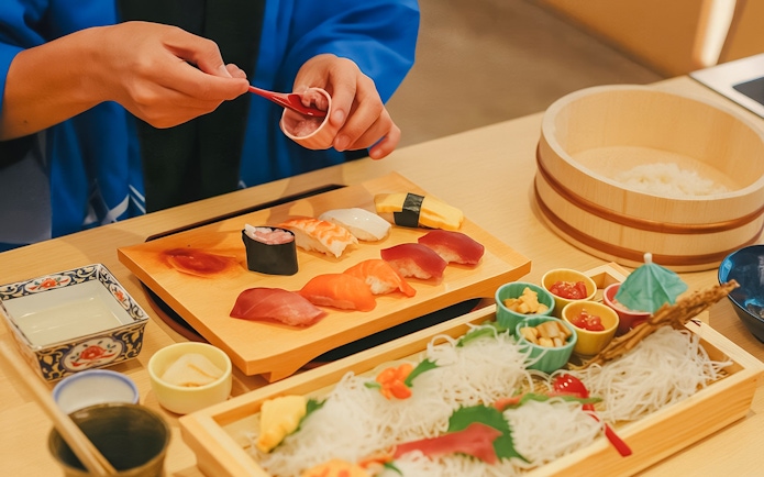 Making sushi near Tokyo Tower with various ingredients on a wooden board.