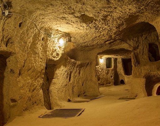 Derinkuyu underground cave city interior with stone walls and passageways.