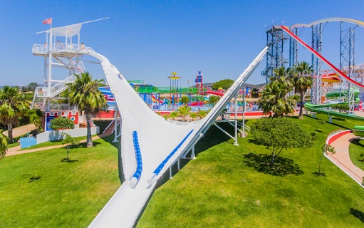Water slide and attractions at Aquashow Water Park, Portugal.