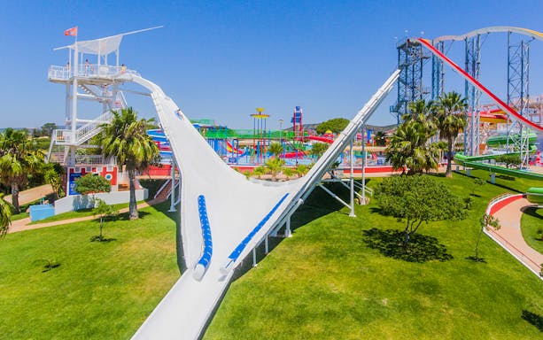 Water slide and attractions at Aquashow Water Park, Portugal.