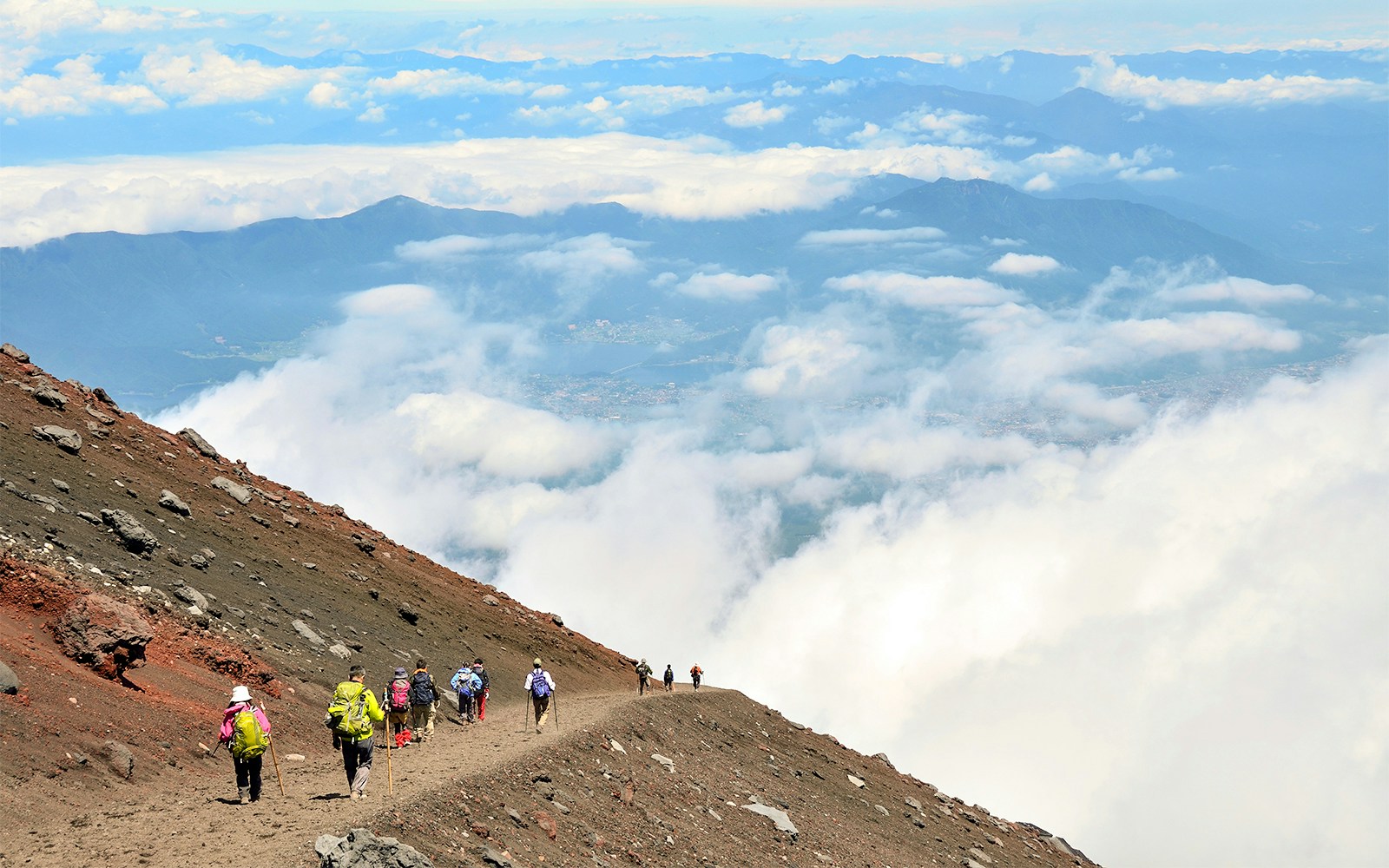 Tourists on the Yoshida Trail on Mt. Fuji