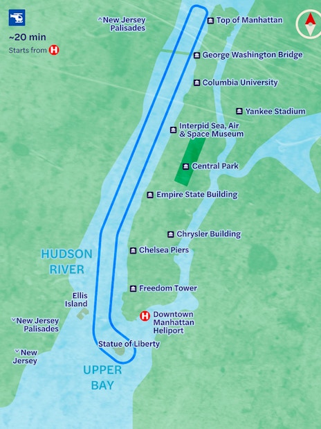 NYC helicopter route map showing landmarks like Statue of Liberty, Central Park, and Empire State Building.