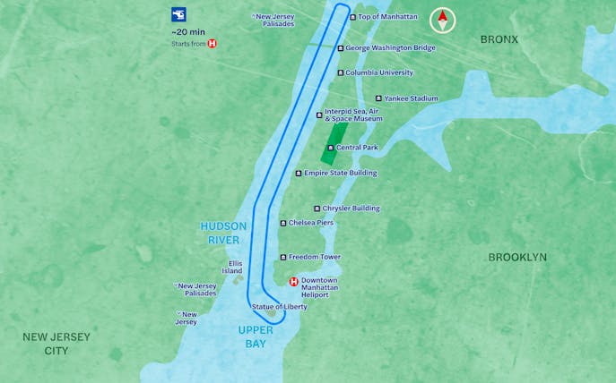 NYC helicopter route map showing landmarks like Statue of Liberty, Central Park, and Empire State Building.