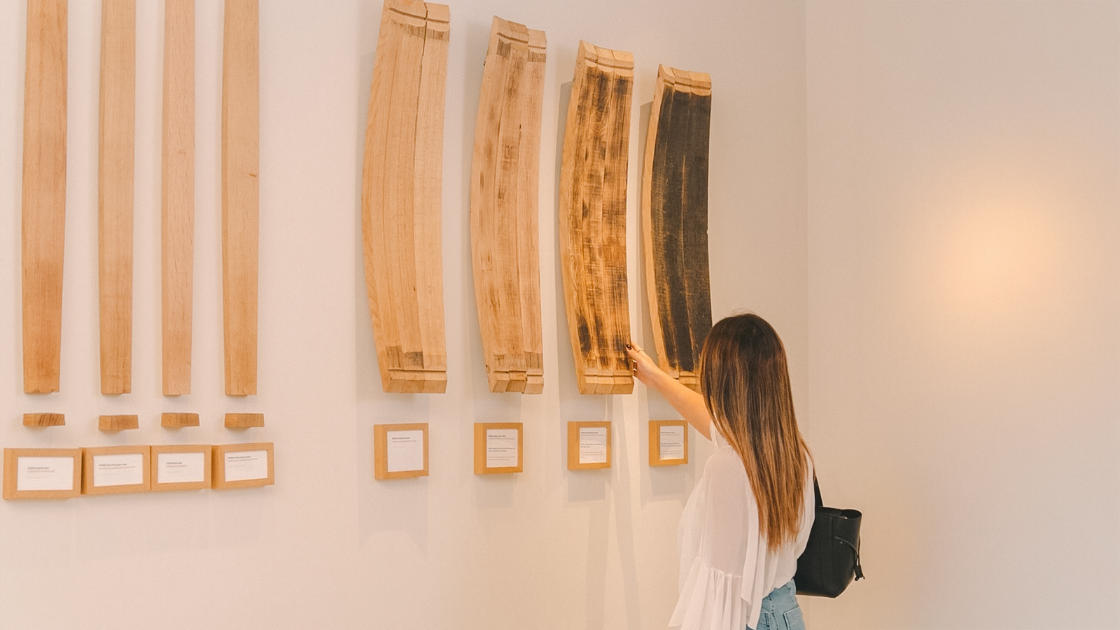 Person examining wine barrel staves display at a wine experience tour.