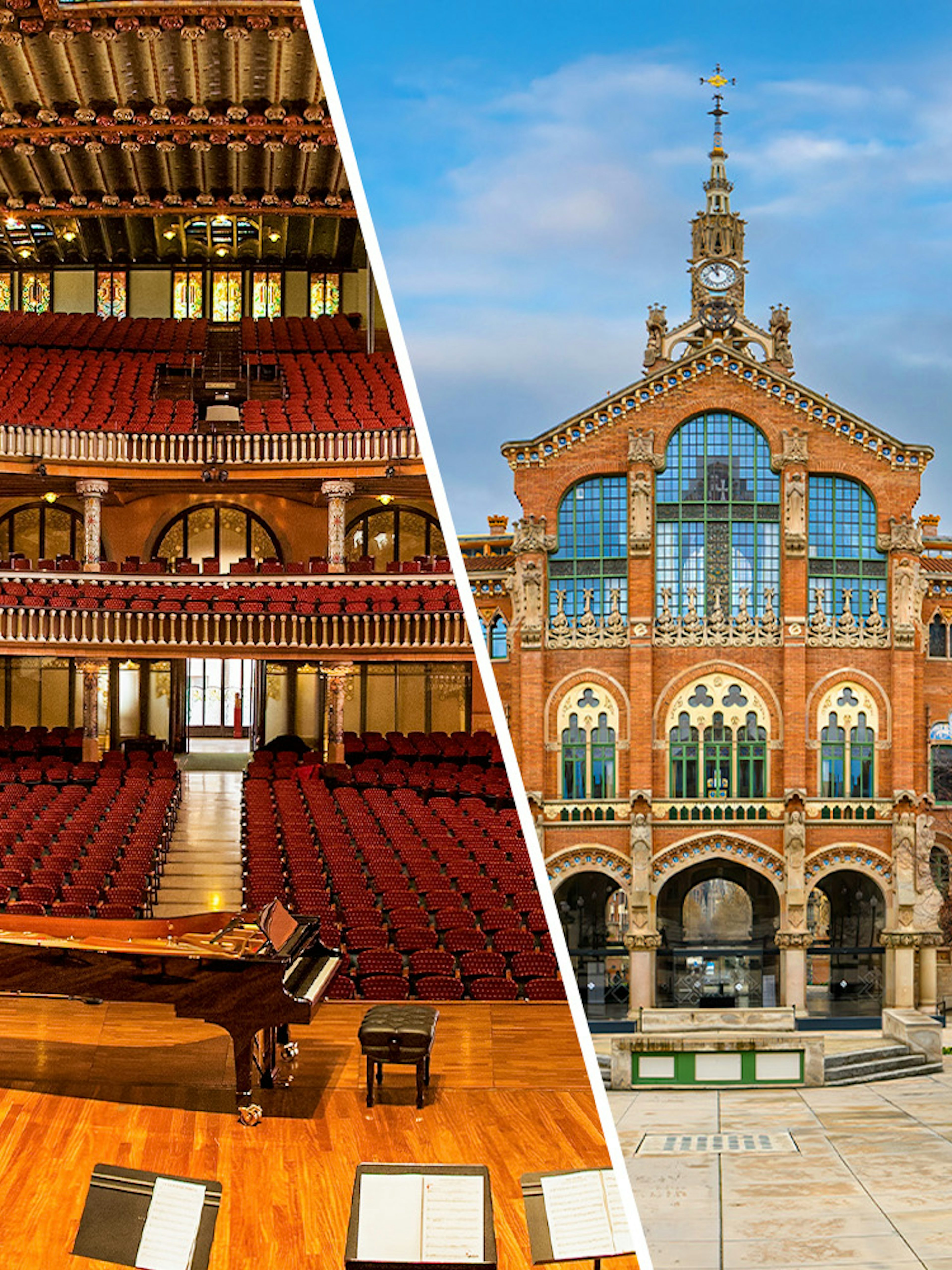 Palau de la Musica concert hall interior and Sant Pau Art Nouveau Site exterior in Barcelona.