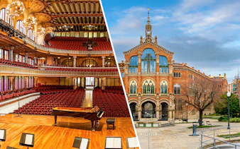 Palau de la Musica concert hall interior and Sant Pau Art Nouveau Site exterior in Barcelona.