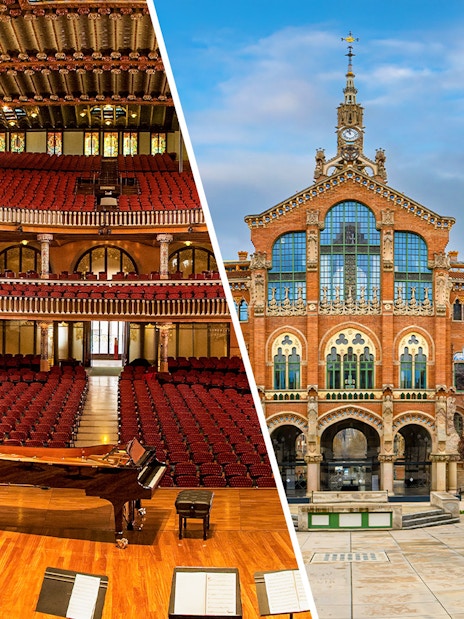 Palau de la Musica concert hall interior and Sant Pau Art Nouveau Site exterior in Barcelona.