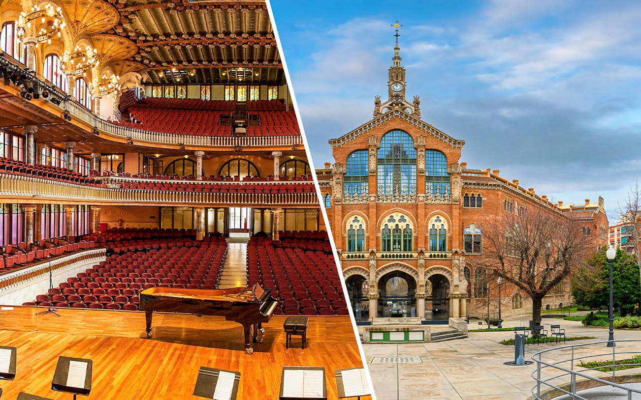 Palau de la Musica concert hall interior and Sant Pau Art Nouveau Site exterior in Barcelona.