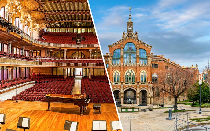 Palau de la Musica concert hall interior and Sant Pau Art Nouveau Site exterior in Barcelona.