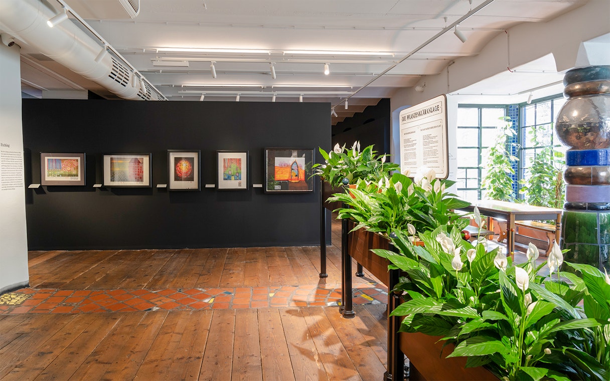 KUNST HAUS WIEN exhibit with framed artworks and lush greenery in Hundertwasser Museum.