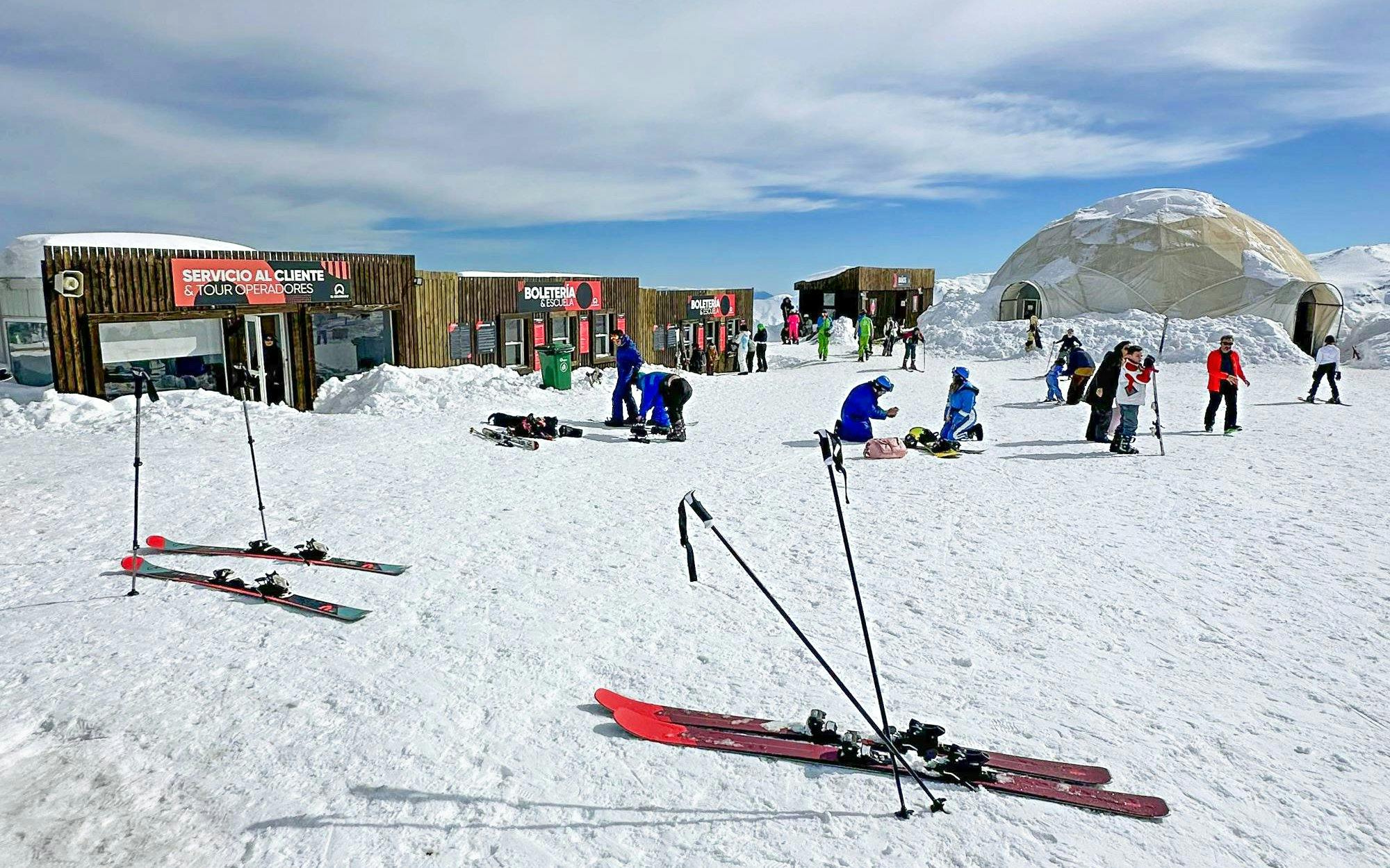Skiers and snowboarders gather at El Colorado Ski resort in Chile.