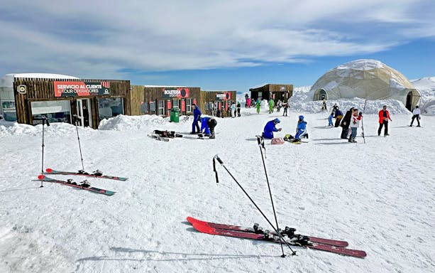 Skiers and snowboarders gather at El Colorado Ski resort in Chile.