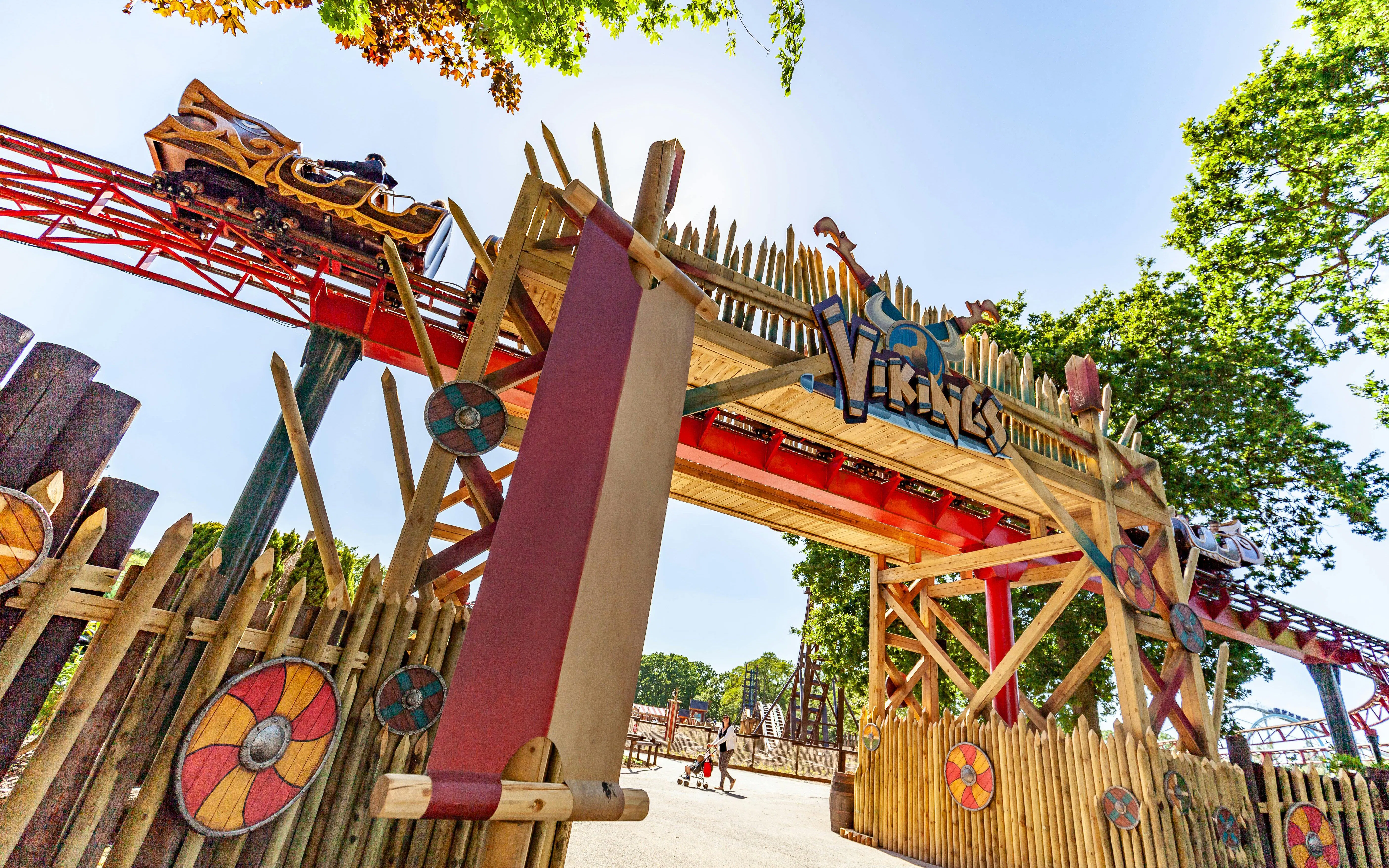 Viking-themed roller coaster entrance at Drayton Manor.