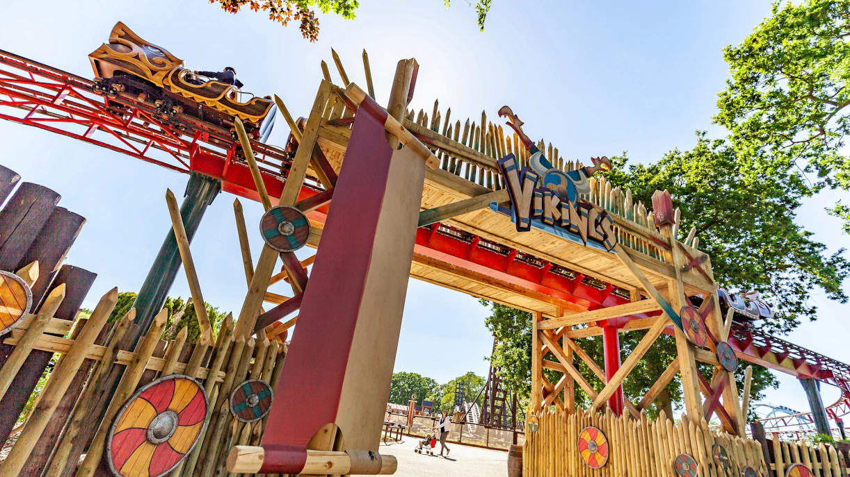 Viking-themed roller coaster entrance at Drayton Manor.