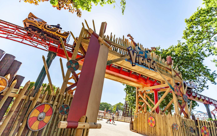 Viking-themed roller coaster entrance at Drayton Manor.